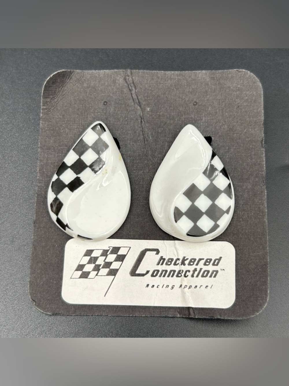 90s Porcelain Checkered Connection Earrings Black White Racing Post Vintage